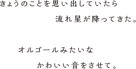 きょうのことを思い出していたら流れ星が降ってきた。オルゴールみたいなかわいい音をさせて